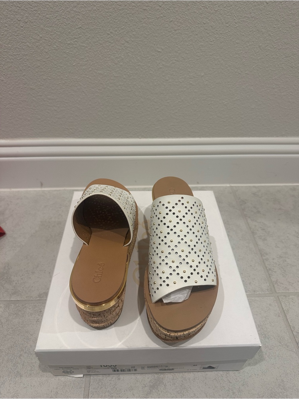 Chloe White Perforated Cork Wedge Slide Sandals